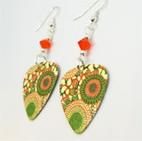 Orange and Green Round Flowered Guitar Pick Earrings with Orange Swarovski Crystals