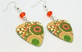 Orange and Green Round Flowered Guitar Pick Earrings with Orange Swarovski Crystals