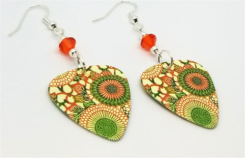 Orange and Green Round Flowered Guitar Pick Earrings with Orange Swarovski Crystals