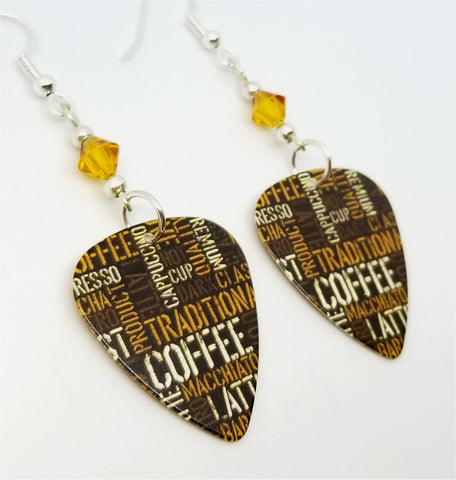 Coffee Lovers Guitar Pick Earrings with Topaz Swarovski Crystals