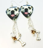 Bulldog Guitar Pick Earrings with Silver Bone Charm and Swarovski Crystal Dangles