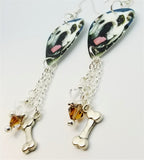 Bulldog Guitar Pick Earrings with Silver Bone Charm and Swarovski Crystal Dangles