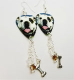 Bulldog Guitar Pick Earrings with Silver Bone Charm and Swarovski Crystal Dangles