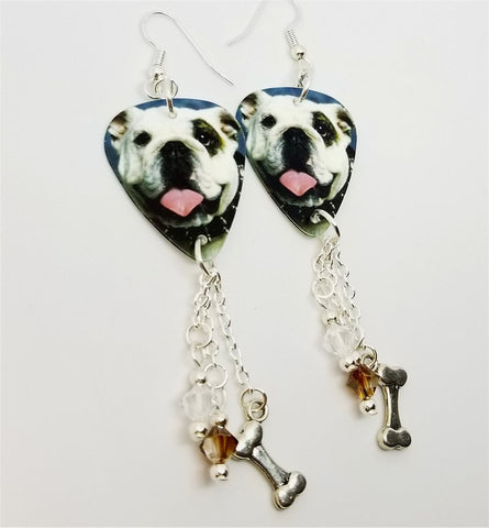 Bulldog Guitar Pick Earrings with Silver Bone Charm and Swarovski Crystal Dangles