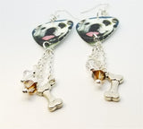 Bulldog Guitar Pick Earrings with Silver Bone Charm and Swarovski Crystal Dangles