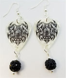 Tribal Design Motorcycle Gas Tank Guitar Pick Earrings with Black Pave Bead Dangles