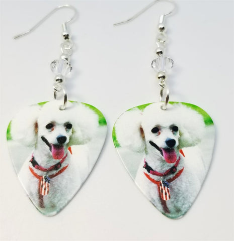 White Poodle Guitar Pick Earrings with Clear Swarovski Crystals