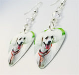 White Poodle Guitar Pick Earrings with Clear Swarovski Crystals