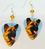 German Shepherd Guitar Pick Earrings with Amber Swarovski Crystals