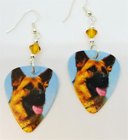 German Shepherd Guitar Pick Earrings with Amber Swarovski Crystals