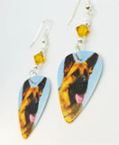 German Shepherd Guitar Pick Earrings with Amber Swarovski Crystals