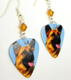 German Shepherd Guitar Pick Earrings with Amber Swarovski Crystals