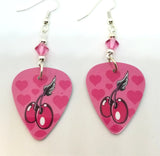 Cherries and Hearts Guitar Pick Earrings with Pink Swarovski Crystals