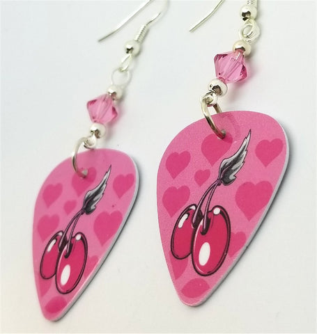 Cherries and Hearts Guitar Pick Earrings with Pink Swarovski Crystals
