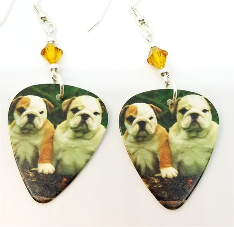 Bulldog Puppies Guitar Pick Earrings with Topaz Swarovski Crystals