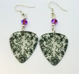 Black Lace Flowers Guitar Pick Earrings with Fuchsia Swarovski Crystals