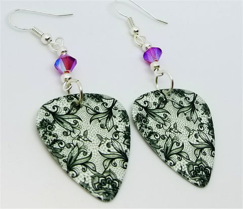 Black Lace Flowers Guitar Pick Earrings with Fuchsia Swarovski Crystals