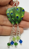 Peacock Guitar Pick Earrings with Swarovski Crystal Dangles