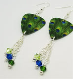 Peacock Guitar Pick Earrings with Swarovski Crystal Dangles