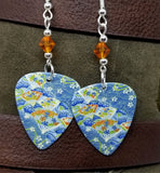 Flowers and Fans Origami Paper Style Guitar Pick Earrings with Orange Swarovski Crystals