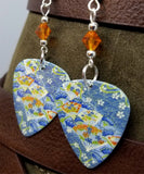 Flowers and Fans Origami Paper Style Guitar Pick Earrings with Orange Swarovski Crystals