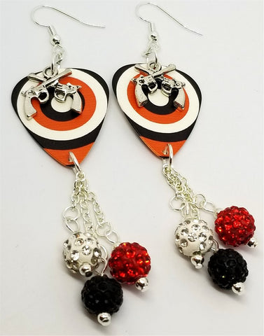 Crossed Guns Charm Overlay Guitar Pick Earrings with Pave Bead Dangles