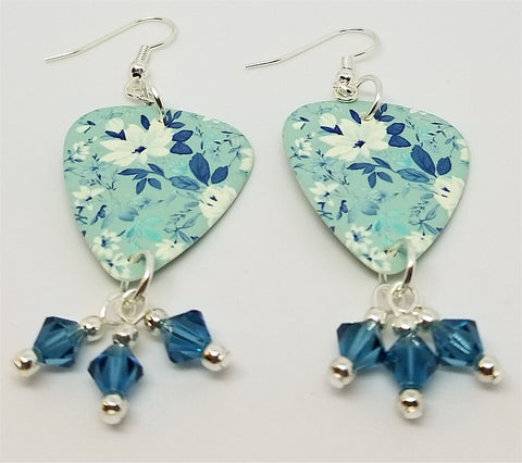 Blue Flowered Guitar Pick Earrings with Blue Swarovski Crystal Dangles