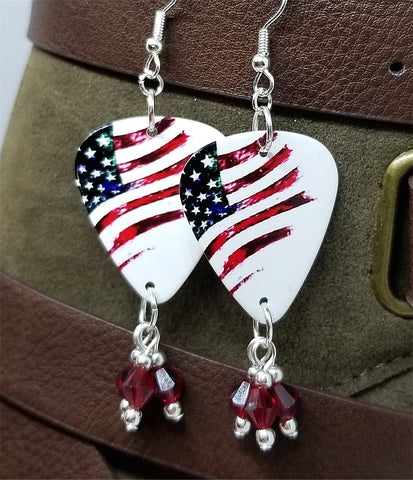 CLEARANCE American Flag Guitar Pick Earrings with Red Swarovski Crystal Dangles