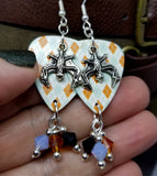 Orange and Blue Argyle Guitar Pick Earrings with Bat Charm Overlay and Swarovski Crystal Dangles