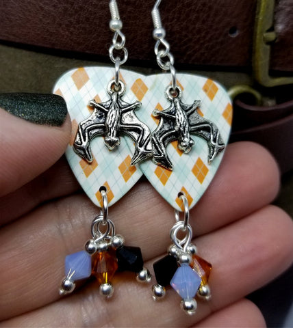 Orange and Blue Argyle Guitar Pick Earrings with Bat Charm Overlay and Swarovski Crystal Dangles