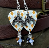 Orange and Blue Argyle Guitar Pick Earrings with Bat Charm Overlay and Swarovski Crystal Dangles
