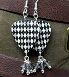 Black and Gray Argyle Guitar Pick with Gray Swarovski Crystal Dangles