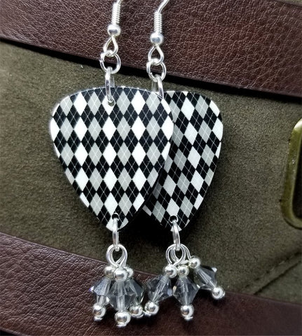 Black and Gray Argyle Guitar Pick with Gray Swarovski Crystal Dangles