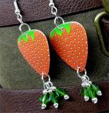 Strawberry Guitar Pick Earrings with Green Swarovski Crystal Dangles