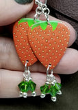 Strawberry Guitar Pick Earrings with Green Swarovski Crystal Dangles