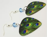 Peacock Feather Guitar Pick Earrings with Aqua Blue Swarovski Crystals