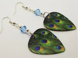 Peacock Feather Guitar Pick Earrings with Aqua Blue Swarovski Crystals