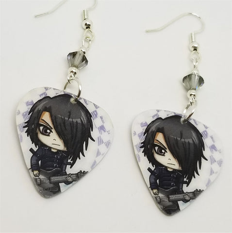 J-Pop Guitar Player Guitar Pick Earrings with Gray Swarovski Crystals