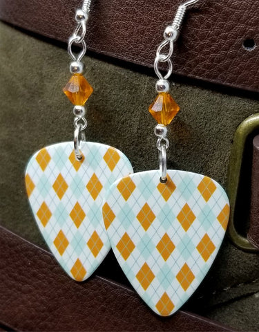 Light Blue and Orange Argyle Guitar Pick with Orange Swarovski Crystals