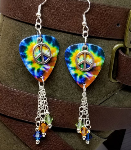 Tie Dye Guitar Pick Earrings with Peace Sign Charm Overlay and Swarovski Crystal Dangles