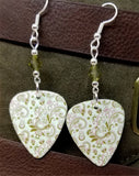 Pink and Green Flowers and Flourishes Guitar Pick Earrings with Green Swarovski Crystals