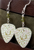 Pink and Green Flowers and Flourishes Guitar Pick Earrings with Green Swarovski Crystals