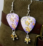 Purple and Gold Flowered Origami Paper Style Guitar Pick Earrings with Gold Swarovski Crystal Dangles