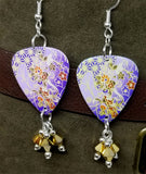 Purple and Gold Flowered Origami Paper Style Guitar Pick Earrings with Gold Swarovski Crystal Dangles