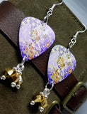 Purple and Gold Flowered Origami Paper Style Guitar Pick Earrings with Gold Swarovski Crystal Dangles