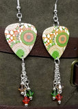 Orange and Green Round Flowers Guitar Pick Earrings with Swarovski Crystal Dangles