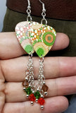 Orange and Green Round Flowers Guitar Pick Earrings with Swarovski Crystal Dangles