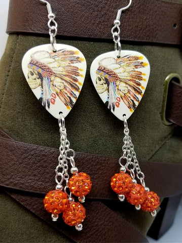 Skull with Native American with Headdress Guitar Pick Earrings with Orange Pave Bead Dangles