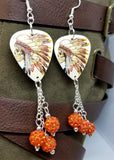 Skull with Native American with Headdress Guitar Pick Earrings with Orange Pave Bead Dangles