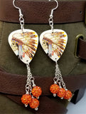 Skull with Native American with Headdress Guitar Pick Earrings with Orange Pave Bead Dangles